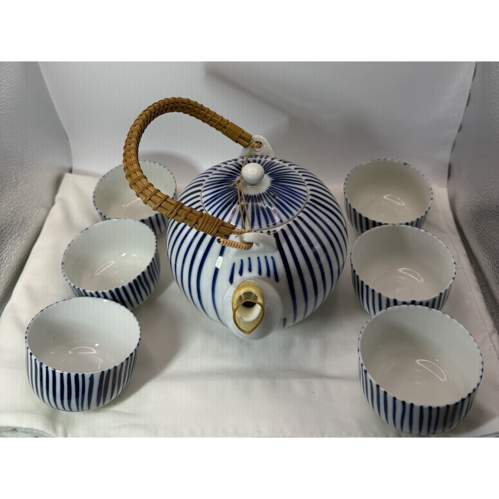 Vintage Otagiri Japanese Blue White Porcelain Tea Set Teapot 6 Cup Bamboo Handle